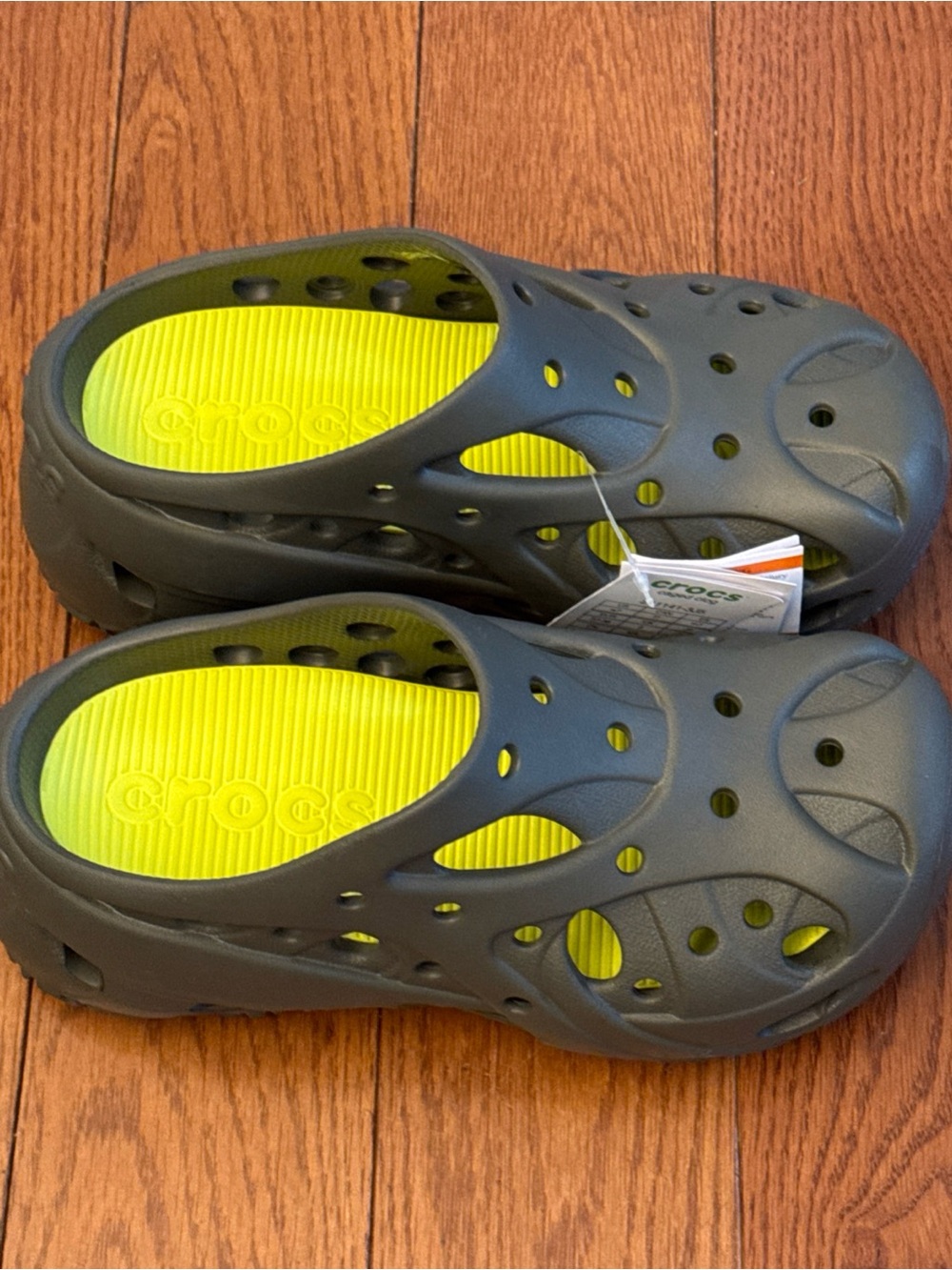 CROCS Unisex Slip-On Sandal in Charcoal with Neon Yellow Insole